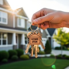 Home 2026 Real Estate Concept with Hand Holding House Keys on White Background
