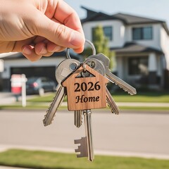 Home 2026 Real Estate Concept with Hand Holding House Keys on White Background