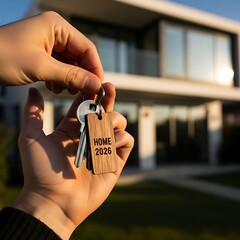 Home 2026 Real Estate Concept with Hand Holding House Keys on White Background