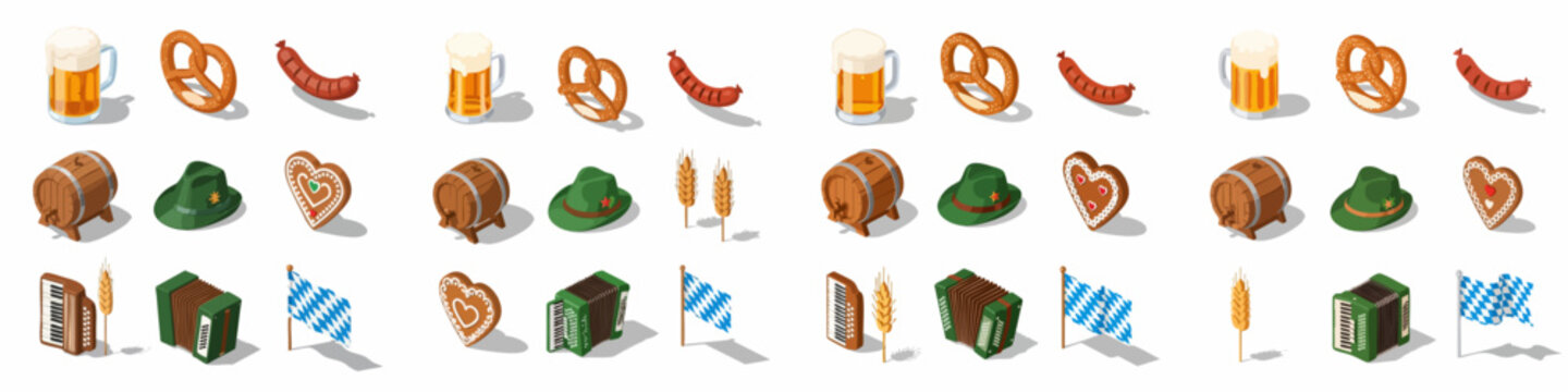 Isometric set of traditional Bavarian and Oktoberfest symbols: beer mugs, pretzels, sausage, Trachten hat, accordion, barrel, and gingerbread hearts.