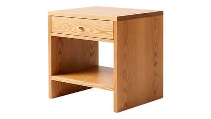 Modern light wood nightstand with single drawer and open shelf for bedroom storage and organization on transparent background