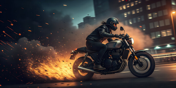 Motorcycle chase, epic scene from action movie, hero on motorbike escapes from the police, explosion on background. Generative AI
