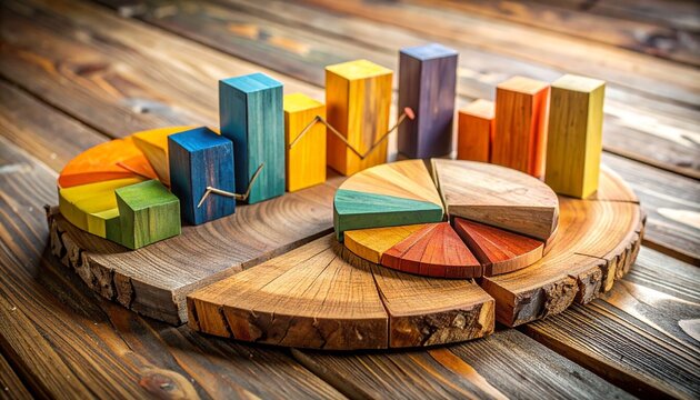 Wooden pie and bar charts on rustic surface, blending natural texture with data visualization aesthetics. - Powered by Adobe