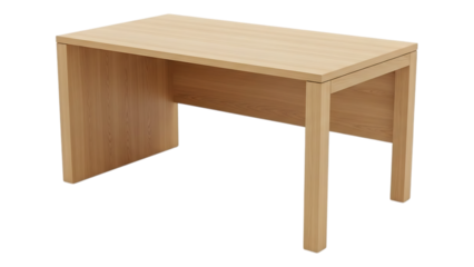 light beige wooden office desk with simple design and straight legs on transparent background