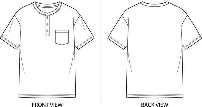 Henley T-shirt sketch, chest pocket, button placket, round neckline, short sleeve design, front and back view, flat vector illustration