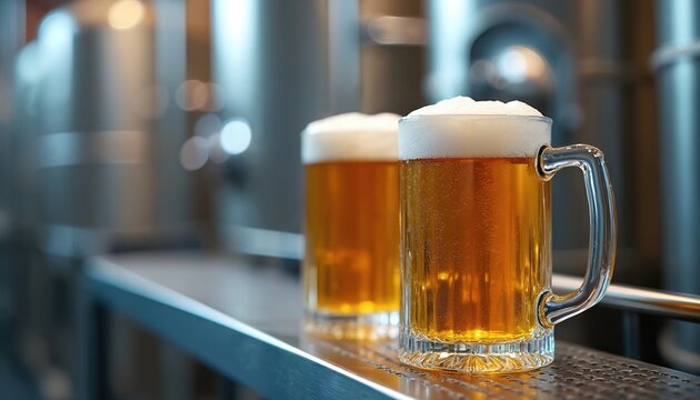 Two beer mugs full of frothy beverage in brewery. Alcoholic craft beer in glassware containers. Metal tanks, brewing equipment in background. Celebration of traditional craft brewery culture.