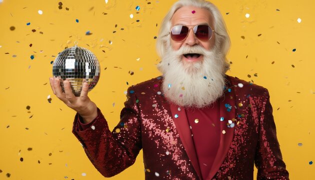Senior man with long white beard and sunglasses wearing a sparkling red sequin suit, holding a disco ball amid falling confetti on a yellow background, retro party vibe