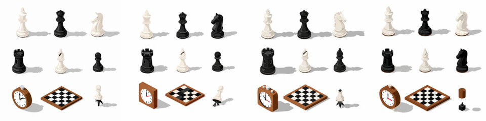 Isometric chess game elements set including King, Queen, Rook, Bishop, Knight, and Pawn pieces, chessboards, and competition clocks. © Asep
