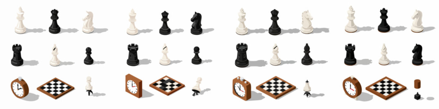 Isometric chess game elements set including King, Queen, Rook, Bishop, Knight, and Pawn pieces, chessboards, and competition clocks.