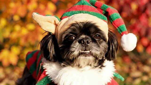 A captivating image of a Shih Tzu dog wearing a Christmas elf hat and costume, with a backdrop of vibrant fall foliage, evoking the spirit of the holiday season and the cuteness of festive pets.