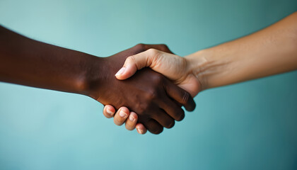 Close up shot presents handshake. Black and white hands touch each other on light blue background. Two people agree on partnership. Collaboration and cooperation in business.