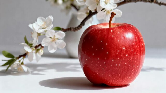 Red apple sits beside a branch of white apple blossoms on a sunlit surface. The composition emphasizes fresh produce, smooth skin texture, natural light and shadows suitable for food, wellness and sea