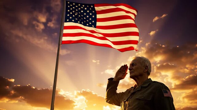 Salute to flag at sunset. Veteran soldier in uniform gives salute. Senior man stands with military bearing. Image conveys honor and patriotism. Strong emotional tribute and respectful tone. Bravely.