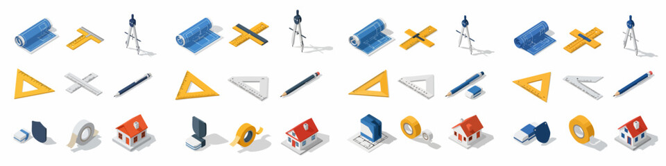 Isometric Collection of Architecture, Drafting, and Engineering Tools Icons, featuring Rulers, Compasses, Blueprints, Pencils, and Houses. © Asep