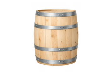 Wooden barrel standing, rustic wine cask for beverage storage, oak wood container with metal hoops, transparent background