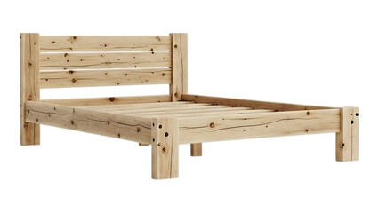 simple wooden bed frame with headboard and slats made from natural pine wood on transparent background