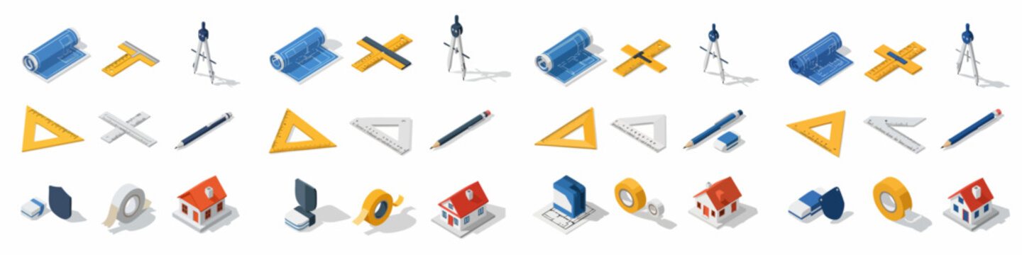 Isometric Collection of Architecture, Drafting, and Engineering Tools Icons, featuring Rulers, Compasses, Blueprints, Pencils, and Houses.