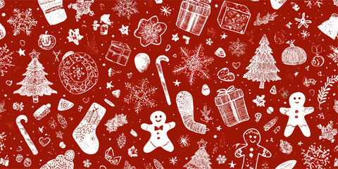 White christmas holiday pattern with ornaments and gingerbread