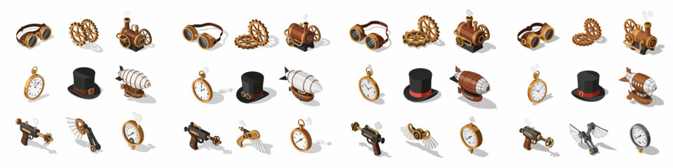 Isometric Steampunk Objects Icon Set: Goggles, Gears, Pocket Watches, Steam Engines, Airships, Top Hats, and Mechanical Weapons on White Background. © Asep