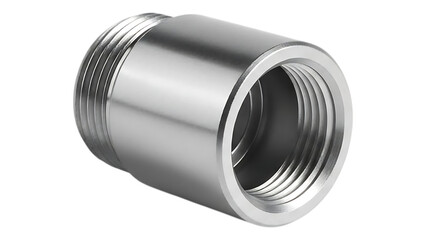 Polished metal pipe fitting connector with threaded ends for plumbing and industrial applications on transparent background