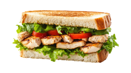 Chicken sandwich with lettuce and tomatoes isolated on a transparent background