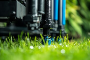 Detailed close up of an automatic pop up sprinkler on a lawn