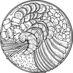 Trendy poke bowl with shrimp, avocado, rice, and vegetables, top view. Hawaiian food. Vector illustration in hand drawn sketch doodle style. Line art isolated on white for coloring book, print, menu