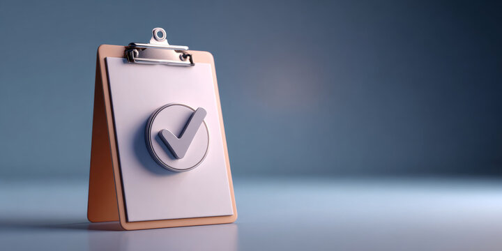 Clipboard with blank paper and large checkmark symbol standing on reflective surface with blurred blue background