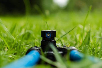Macro perspective of an automatic pop up sprinkler installed in grass