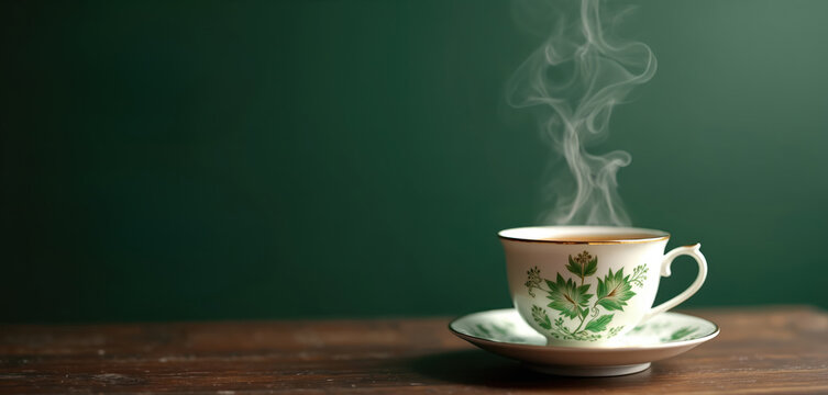 Elegant tea cup with steam rises on saucer. The hot beverage is on wooden table. The backdrop is dark green color. Warm drink creates relaxing and peaceful atmosphere - Powered by Adobe