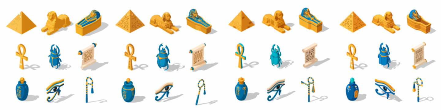 Ancient Egyptian Culture Isometric Icon Set: Pyramids, Sphinx, Sarcophagus, Ankh, Scarab, Papyrus, and Eye of Horus Artifacts Collection.