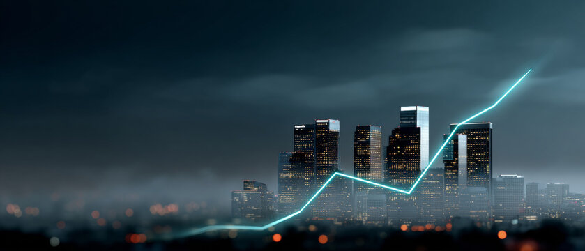 City skyline at night with illuminated skyscrapers and a glowing upward trending line representing financial growth and business success - Powered by Adobe