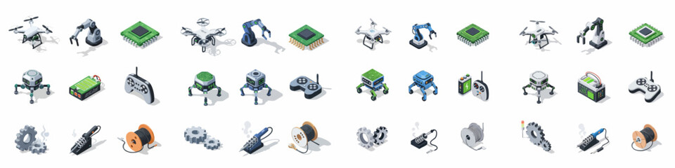 Naklejka premium Isometric Icons of Robotics, Automation, and Electronics Components: Drones, Robotic Arms, Microchips, Gears, Batteries, Soldering Tools, and Controllers.