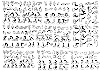 Retro cartoon legs and hands, Hands with gloves and feet with boots, various poses for characters, a set of poses, gestures, placement of hands and feet. Mascot character set. Cartoon set of limbs © Miftahul Nehar