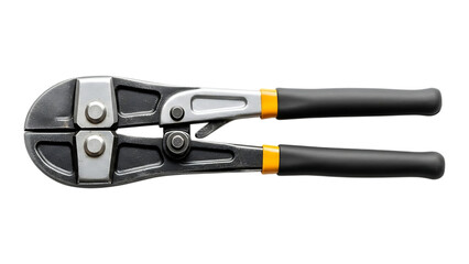 heavy duty bolt cutters with black and yellow handles for cutting thick metal chains and cables on transparent background