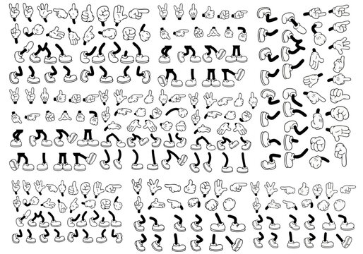 Retro cartoon legs and hands, Hands with gloves and feet with boots, various poses for characters, a set of poses, gestures, placement of hands and feet. Mascot character set. Cartoon set of limbs