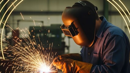 Skilled industrial worker carefully performing metal fabrication with bright sparks flying from the welding arc protection and thick leather gloves