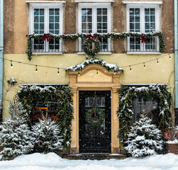 Beautiful Christmas holiday decorations on the street in Old Town of Gdansk
