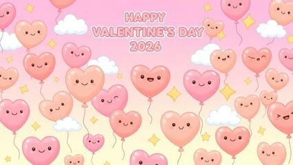 Obraz premium Cute heart balloons with happy faces and text valentine's day