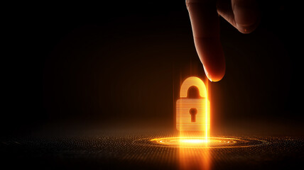 Glowing digital padlock activated by a human finger illustrating cybersecurity protection secure access and data privacy control.
