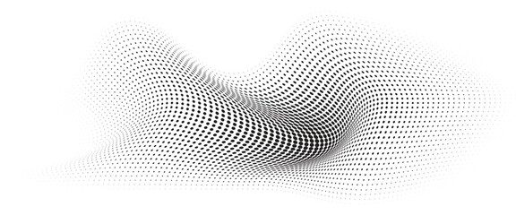 Flowing Wave Dot Halftone Pattern: Curve Gradient Shape on Transparent Background. Suitable for AI, Tech, Network, Digital, Science, and Technology Themes.
