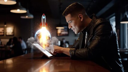 Man uses tablet for technology innovation. Entrepreneur tests startup with augmented hologram. Hologram shows rocket and earth. Casual bar setting with digital interaction. Stylish jacket and smile. - Powered by Adobe
