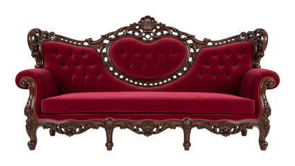 Luxurious ornate red velvet sofa with intricately carved wooden frame and heart-shaped design element on transparent background. on transparent background