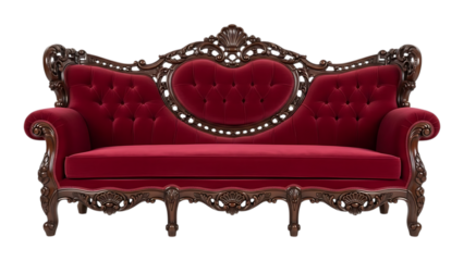 Luxurious ornate red velvet sofa with intricately carved wooden frame and heart-shaped design element on transparent background. on transparent background