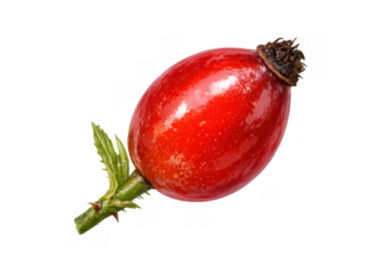 Rosehip fruit with green stem and leaves, high in vitamin c, herbal remedy ingredient, transparent background