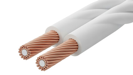 Close-up view of insulated copper electrical cables with visible copper wires and white sheathing on transparent background