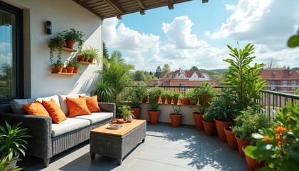 Naklejka premium Sunny balcony with cozy seating. Terrace features various potted plants. Relaxing outdoor space with a comfortable sofa and coffee table. Picturesque view of rooftops and sky.