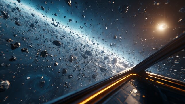 Vista del espacio desde la cabina de una nave espacial entre asteroides, Mockup para videojuego de ciencia ficci&oacute;n espacial, Fondo para dise&ntilde;o conceptual de aventura espacial