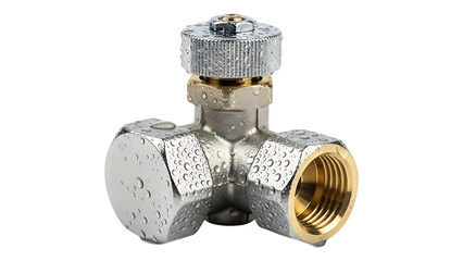 silver industrial valve with gold threaded end and water droplets on the surface, suitable for plumbing and piping systems, on transparent background