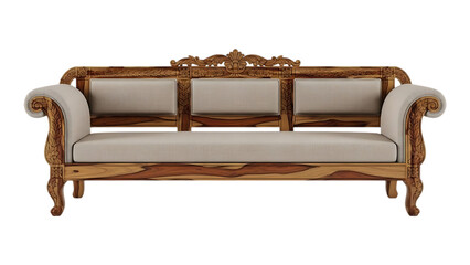 antique style wooden sofa with ornate carvings and beige upholstery, showcasing classic luxury furniture design and intricate details on transparent background